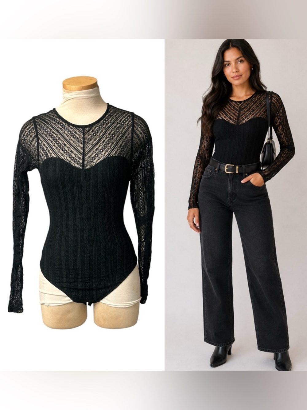 Abercrombie & Fitch Black Lace Knit Long-Sleeve Bodysuit Size Extra Small